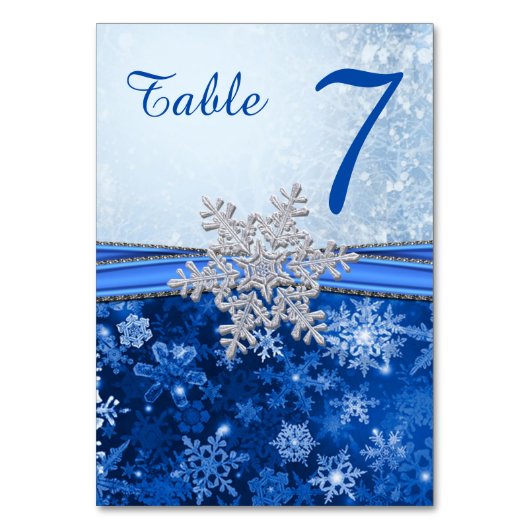 Silver White Snowflake op Blue Table Number card Kaart (Voorkant)