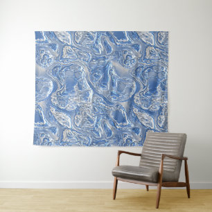 Silver White, wit, blauw, marmerpatroon Wandkleed