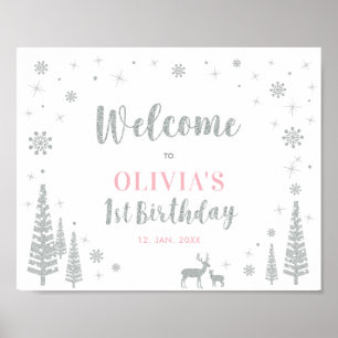 Silver Winter Girl 1st Birthday Party Welcome Sign Poster