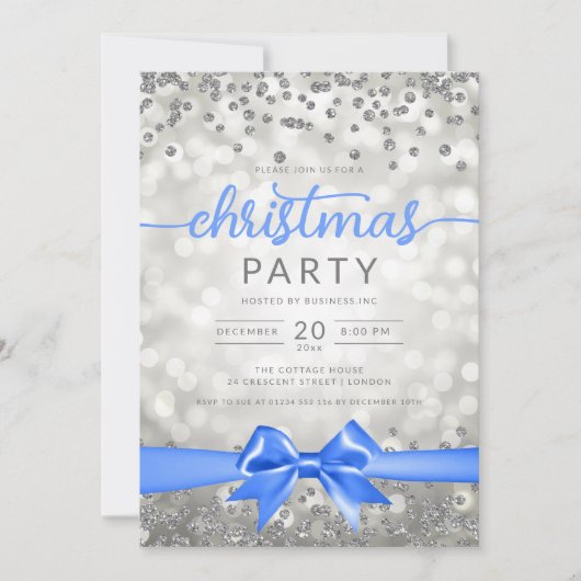 Silver Winter Glam Company Xmas Blue Ribbon Kaart (Voorkant)