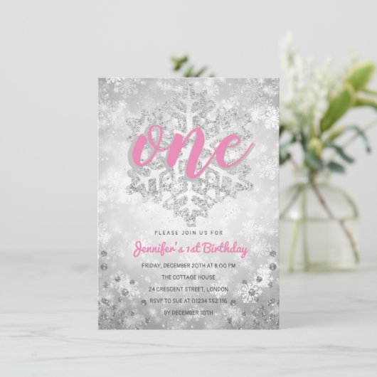 Silver Winter Glitter Snowflake | 1e verjaardag  Kaart (Staand voorkant)
