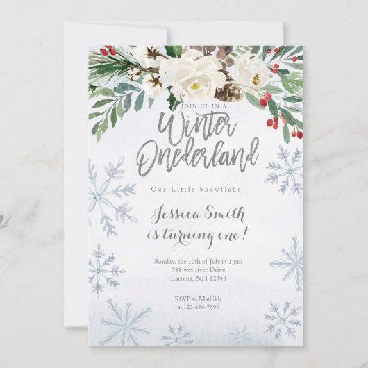 Silver Winter Onederland 1e verjaardag uitnodiging (Voorkant)