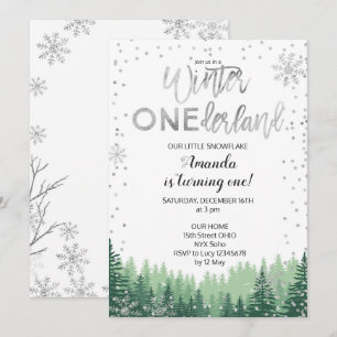 Silver Winter ONEderland Snow Birthday Invite Kaart