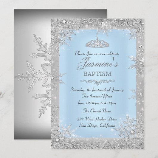 Silver Winter Wonderland Blue Baptism Christening Kaart (Voorkant / Achterkant)