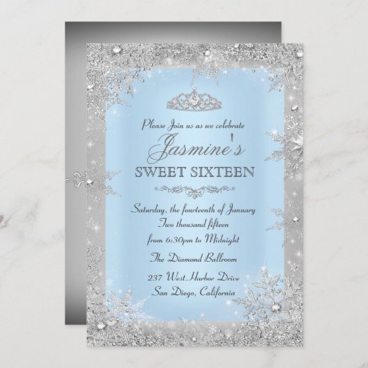 Silver Winter Wonderland Blue Sweet 16 Invitation (Devant / Derrière)