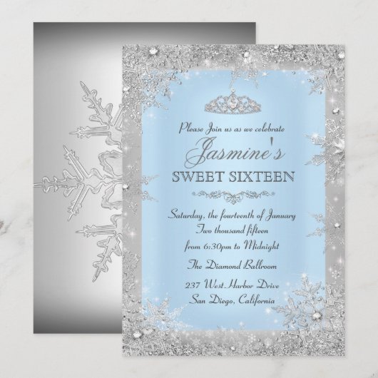 Silver Winter Wonderland Blue Sweet 16 Kaart (Voorkant / Achterkant)