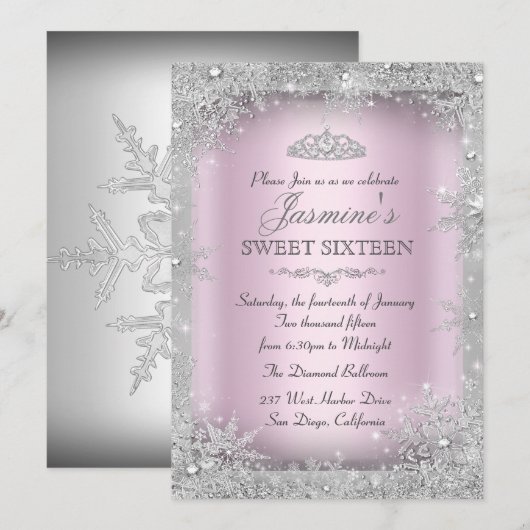 Silver Winter Wonderland Pink Sweet 16 Uitnodiging (Voorkant / Achterkant)