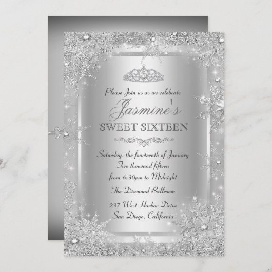 Silver Winter Wonderland Sweet 16 Invitation (Devant / Derrière)