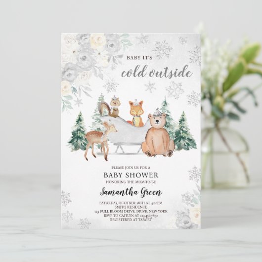 Silver Winter Woodland Baby shower Kaart (Staand voorkant)