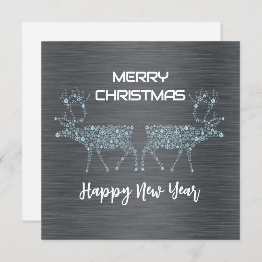 Silver wish card Christmas new year blue reindeer Feestdagenkaart (Voorkant / Achterkant)