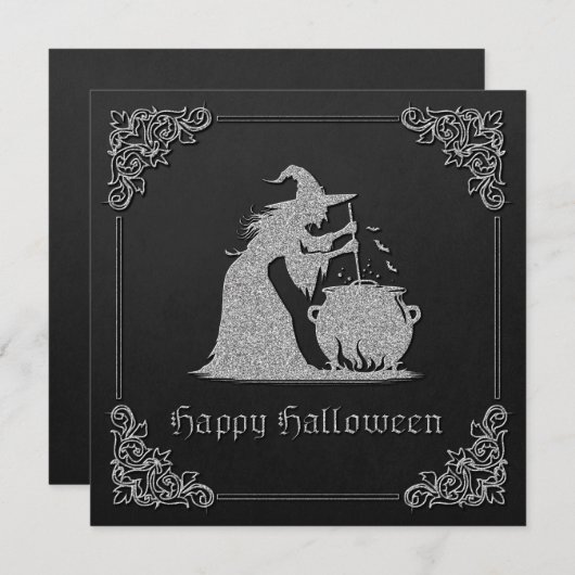 Silver Witch & Cauldron Halloween Wenskaart (Voorkant / Achterkant)