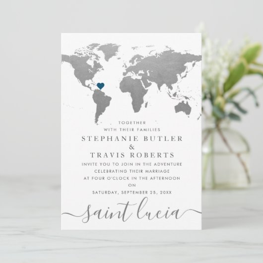 Silver World Travel Map Destination Wedding Kaart (Staand voorkant)