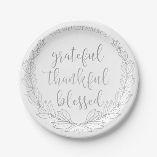 Silver Wreath Grateful Thankful Blessed Typography Papieren Bordje (Voorkant)