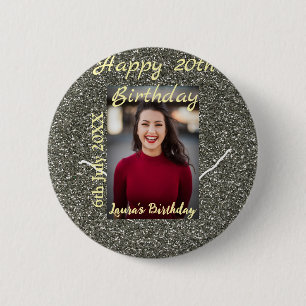 Silverglitter foto 20e verjaardag naam toevoegen d ronde button 5,7 cm