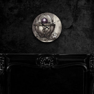 Silvery  Cauldron met Paarse Crystal Ball Ronde Klok