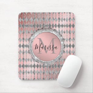 Silvery Pink Glittery Harlequin Monogram Muismat