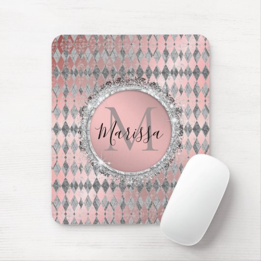 Silvery Pink Glittery Harlequin Monogram Muismat (Met muis)