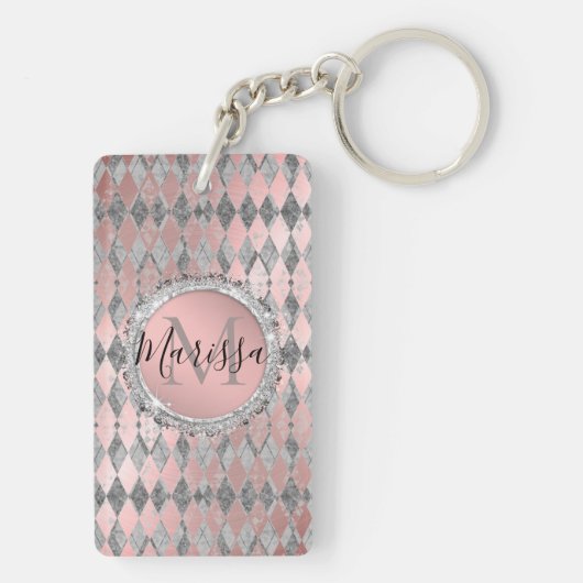 Silvery Pink Glittery Harlequin Monogram Sleutelhanger (achterkant)
