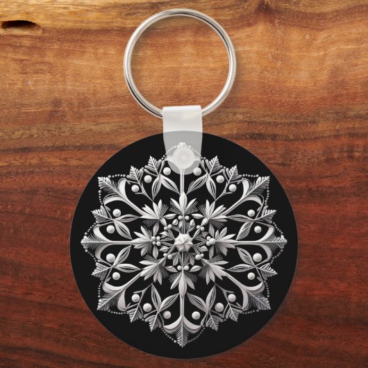 Silvery Snowflake on Black Sleutelhanger (Voorkant)