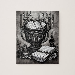 Silvery Steampunk Cauldron Spellbooks and Potions Legpuzzel