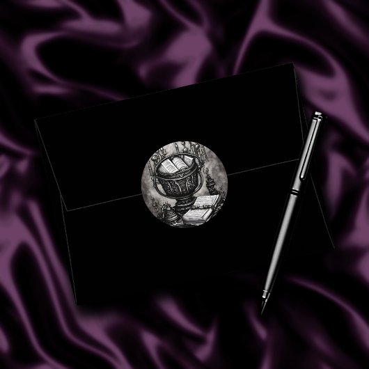 Silvery Steampunk Cauldron Spellbooks and Potions Ronde Sticker