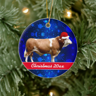 Simmental Bull and Santa    HatCeramic Ornament