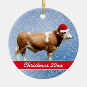 Simmental Bull and Santa    HatCeramic Ornament