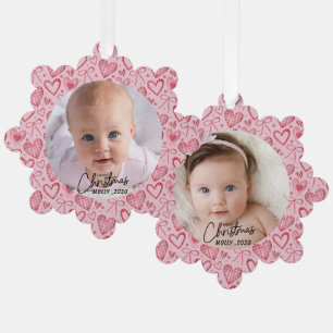 Simpel Elegant Prettig Kerstfeest 2 Foto Roze hart Ornament Kaart