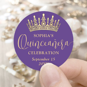 Simpel Elegante Quinceañera Kroon Paars en Goud Ronde Sticker