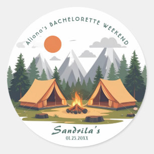 Simpel kampeerweekend vrijgezellenfeest voor dames ronde sticker