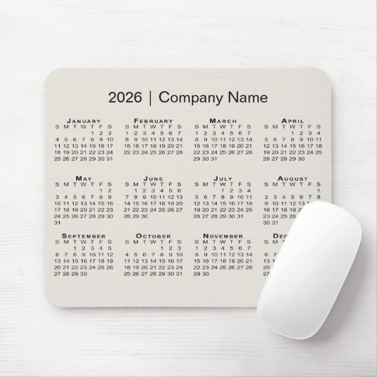 Simple 2026 Calendar with Company Name on Beige Muismat (Met muis)