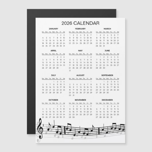 Simple 2026 Calendar with Musical Notes | Magnet (Devant / Derrière)