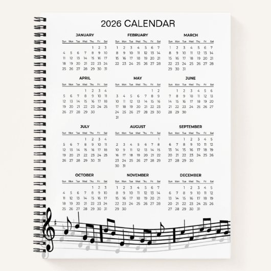Simple 2026 Calendar with Musical Notes | Notitieboek (Voorkant)