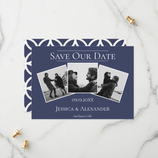 Simple 3 Photo Collage | Navy Save The Date (Devant/Arrière en situation)
