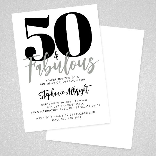Simple 50 and Fabulous Script 50th Birthday Party Kaart
