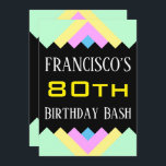 Simple "80th Birthday Bash" Invitation d'anniversa<br><div class="desc">Ce simple design d’invitation à la fête d’anniversaire comporte un message comme "Le 80e anniversaire de FRANCISCO", où le nom et le numéro d’anniversaire peuvent être customisés. Il dispose également d'un arrière - plan amusant, coloré, d'inspiration géométrique. Les détails de l'événement sur le dos peuvent être customisés. Il pourrait être...</div>