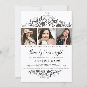 Simple Afstuderen Black White Floral 3 Foto Kaart