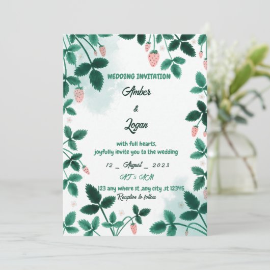 Simple and elegant strawberry wedding invitation (Debout devant)