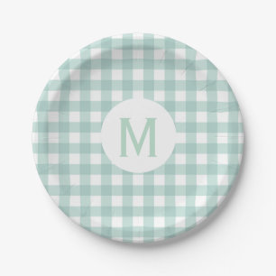 Simple Basic Sage Green Gingham Monogram Papieren Bordje