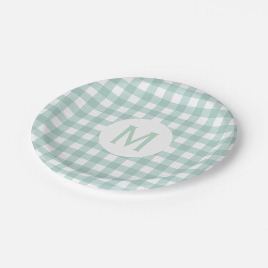 Simple Basic Sage Green Gingham Monogram Papieren Bordje (Gekanteld)