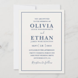 Simple Beige Dusty Blue Minimalist Border Wedding  Kaart