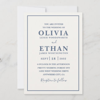 Simple Beige Dusty Blue Minimalist Border Wedding  Kaart