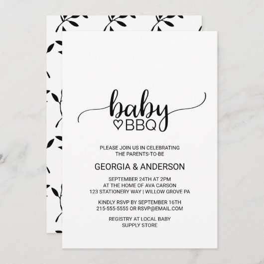 Simple Black and White Calligraphy Baby BBQ Kaart (Voorkant / Achterkant)