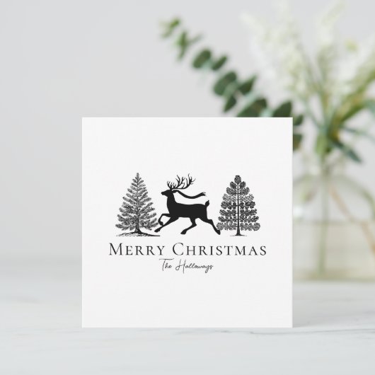 Simple Black and White Reindeer Evergreen Trees Feestdagenkaart (Staand voorkant)