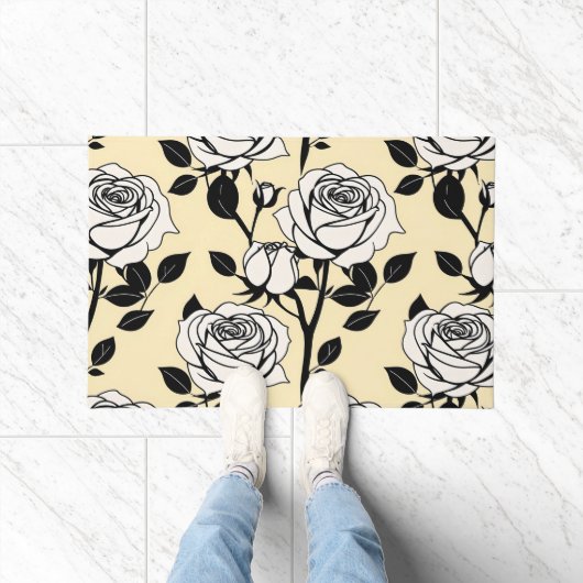 Simple Black And White Roses In A Graphic Style  Deurmat (Binnen)