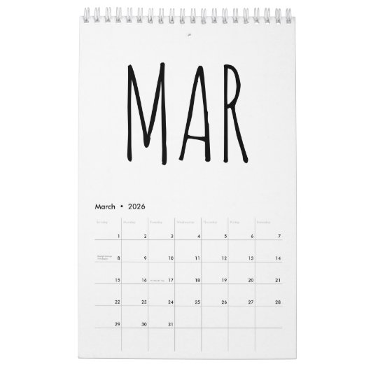 Simple Black and White Script Writing 2026 Kalender (Mar 2026)