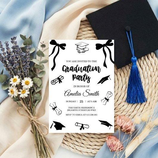Simple Black Bow graduation party invitation Kaart