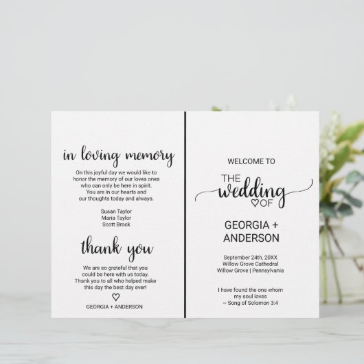 Simple Black Calligraphy Folded Wedding Program (Staand voorkant)