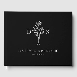 Simple Black Floral Monogram Mariage Livre d'invit