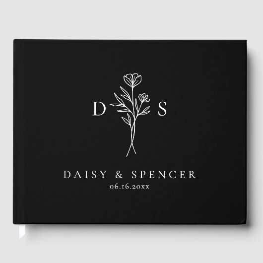 Simple Black Floral Monogram Mariage Livre d'invit (Recto)